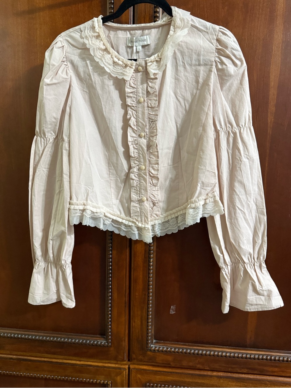 Rosie Posie Pale Pink Ruffled Lace-Trim Button-Down Blouse